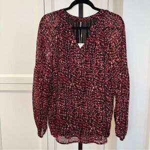 Women's V-Neck Long Sleeve Blouse in Abstract Print w Cinched Cuff Lined Size XL